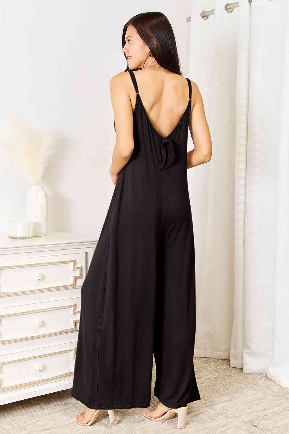 Double Take Full Size Soft Rayon Spaghetti Strap Tied Wide Leg Jumpsuit-3