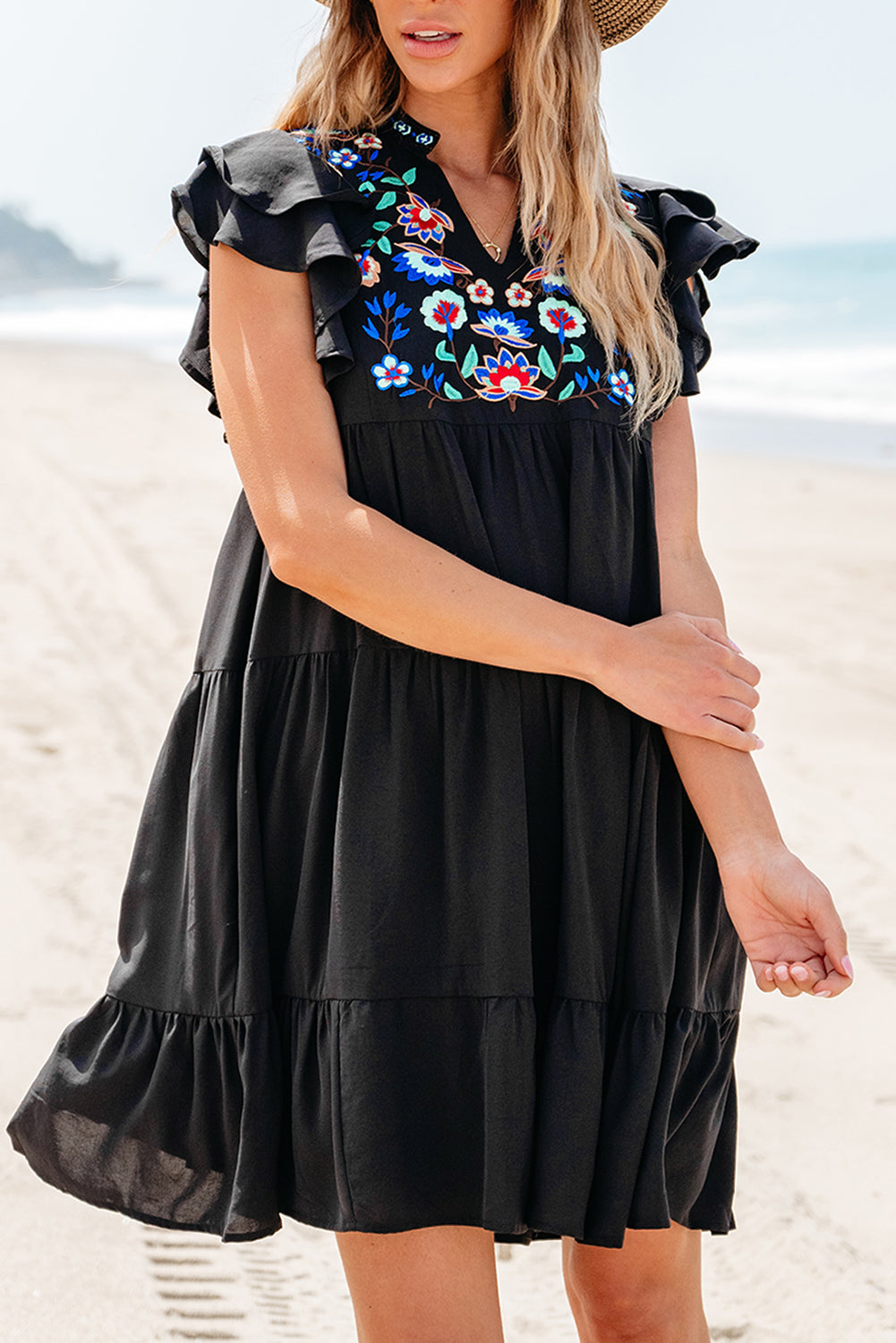 Veda Floral Embroidered Tiered Ruffled Mini Dress-0