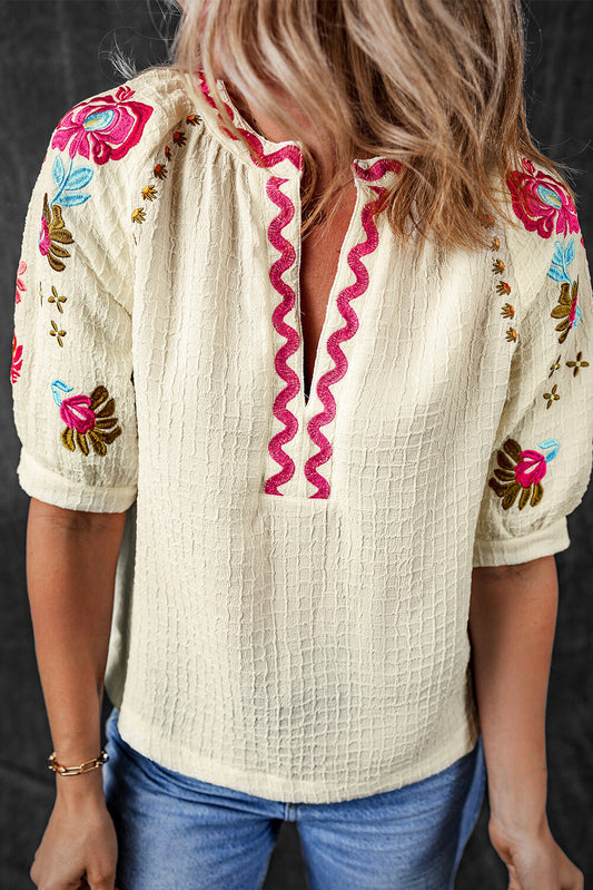 August Floral Embroidered Puff Sleeve Blouse-0