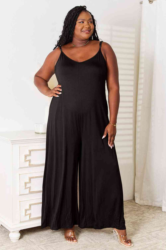 Double Take Full Size Soft Rayon Spaghetti Strap Tied Wide Leg Jumpsuit-0