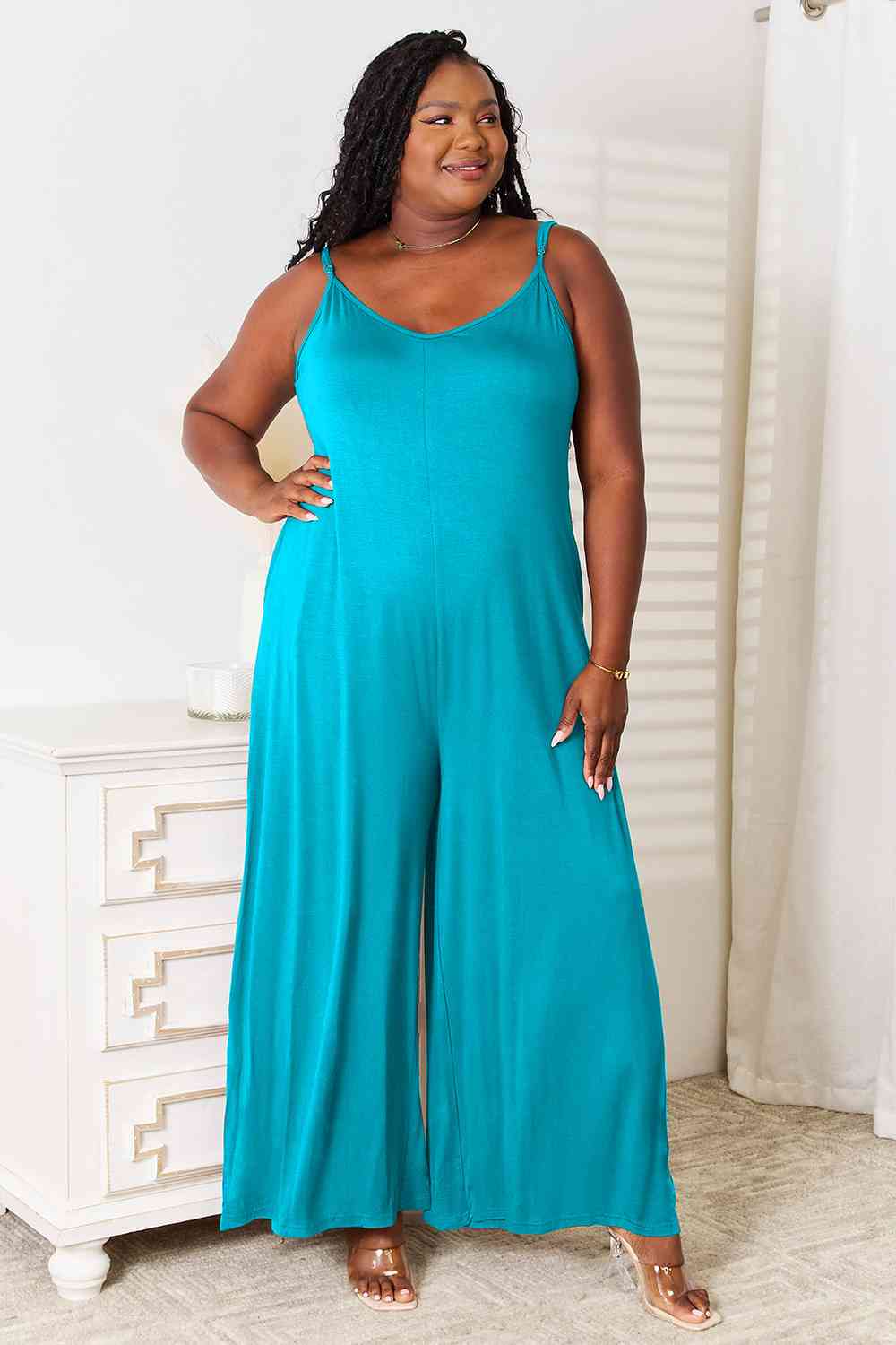 Double Take Full Size Soft Rayon Spaghetti Strap Tied Wide Leg Jumpsuit-5