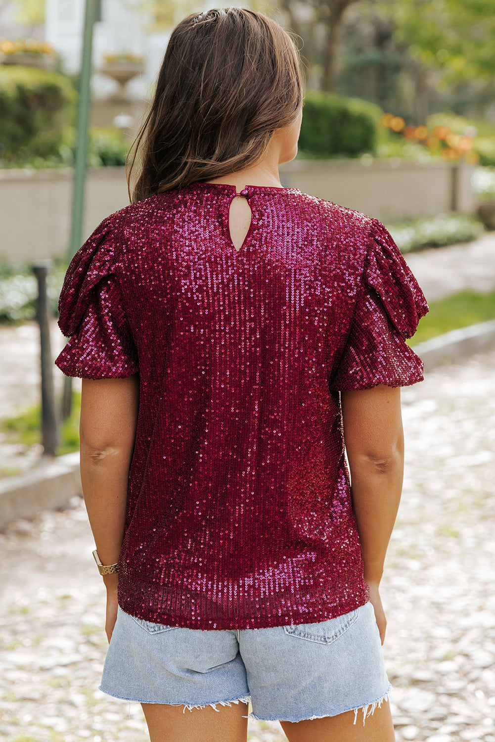 Lenora Glittering Sequin Short Bubble Sleeve Blouse-1