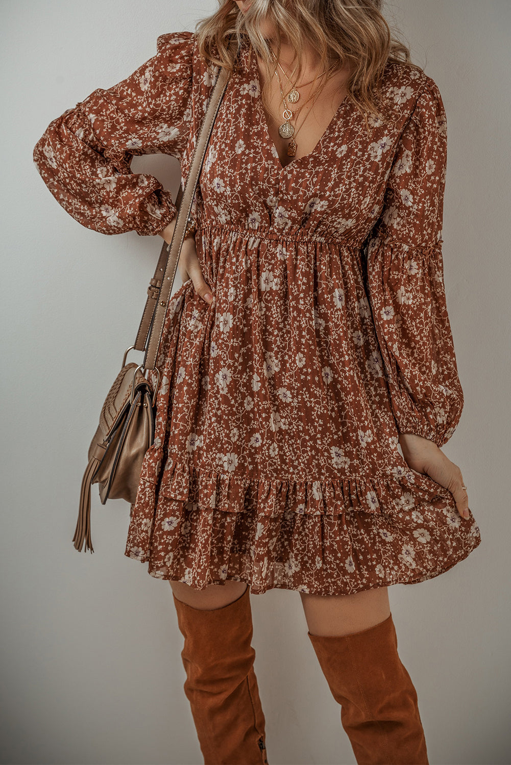 Ashley Boho Floral Puff Sleeve Mini Dress-3