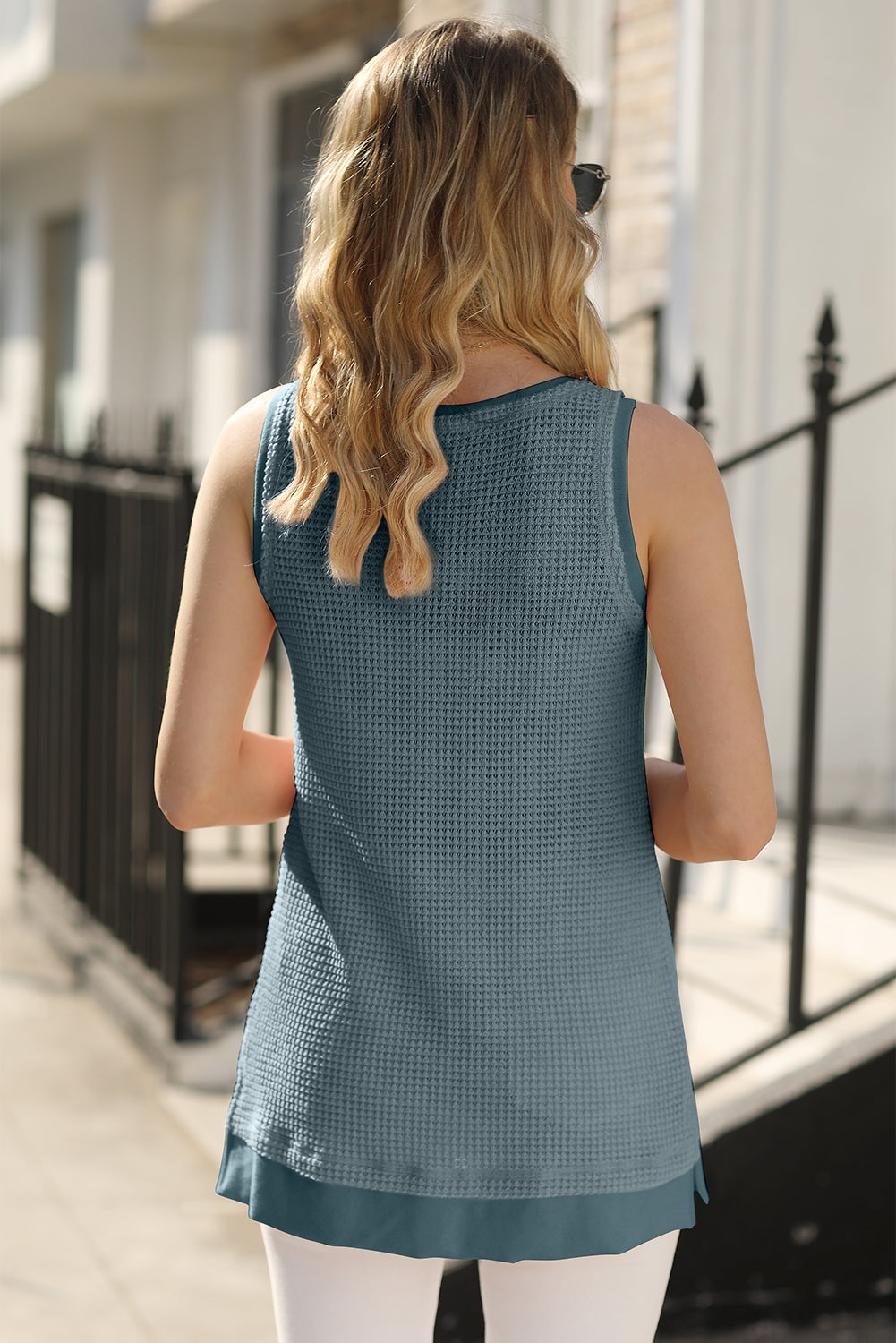 Birdie Scoop Neck Waffle Knit Flowy Tank-1