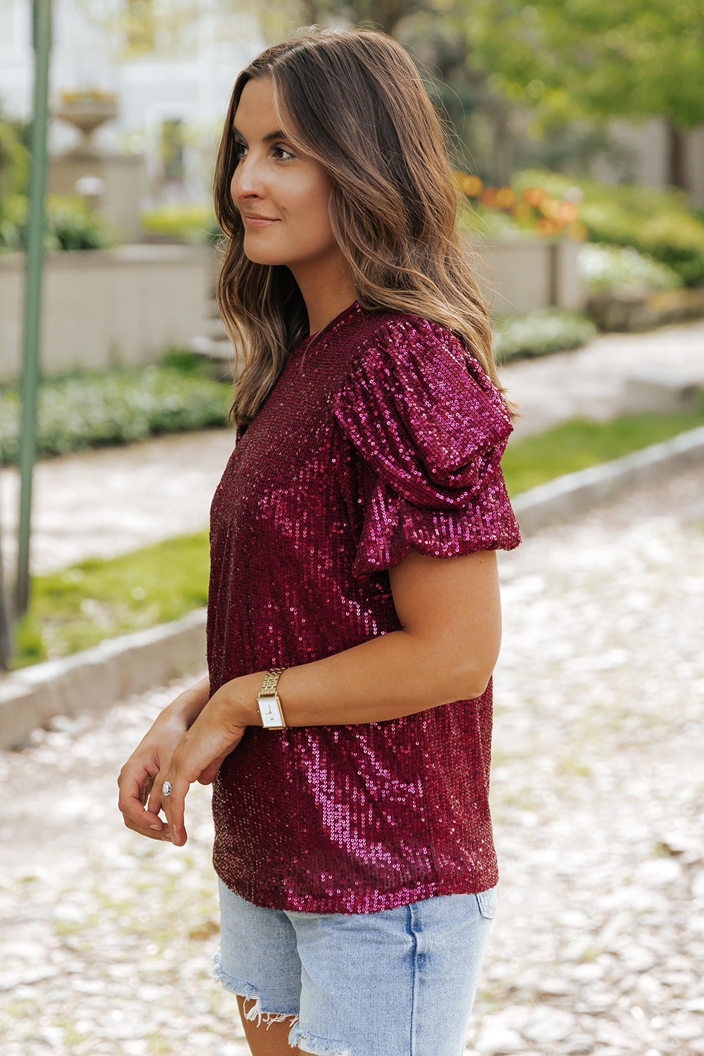 Lenora Glittering Sequin Short Bubble Sleeve Blouse-2