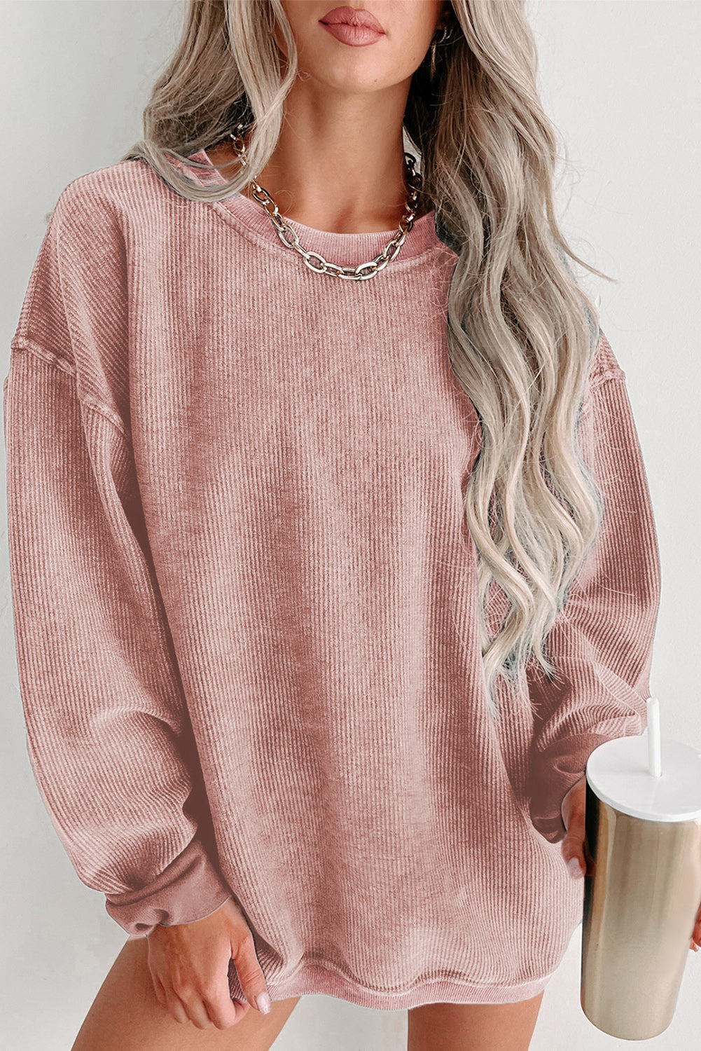 Faith Solid Ribbed Knit Round Neck Pullover Sweatshirt-2