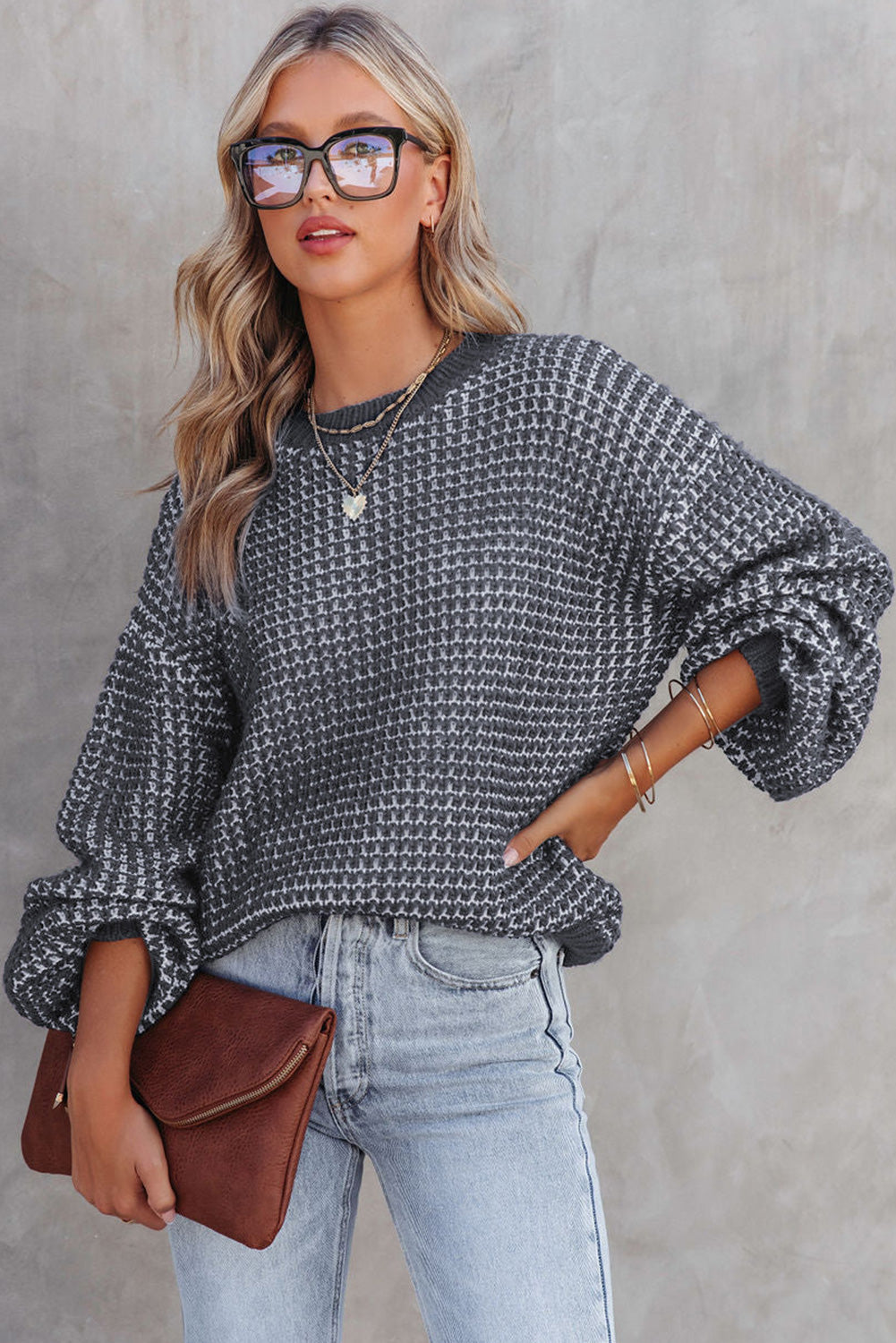 Marley Heathered Knit Drop Shoulder Puff Sleeve Sweater-3