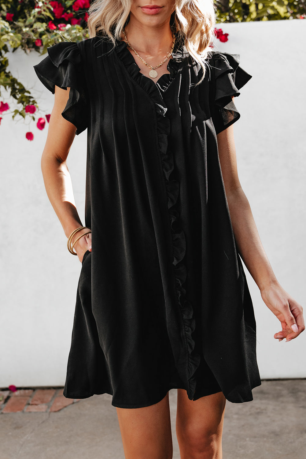 Pearl Ruffle Sleeve V Neck Frilled Shift Dress-0