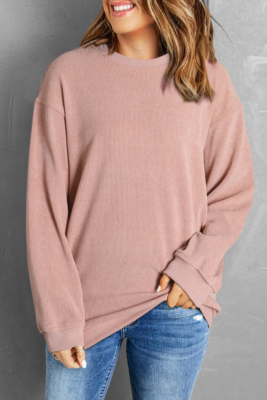 Faith Solid Ribbed Knit Round Neck Pullover Sweatshirt-0