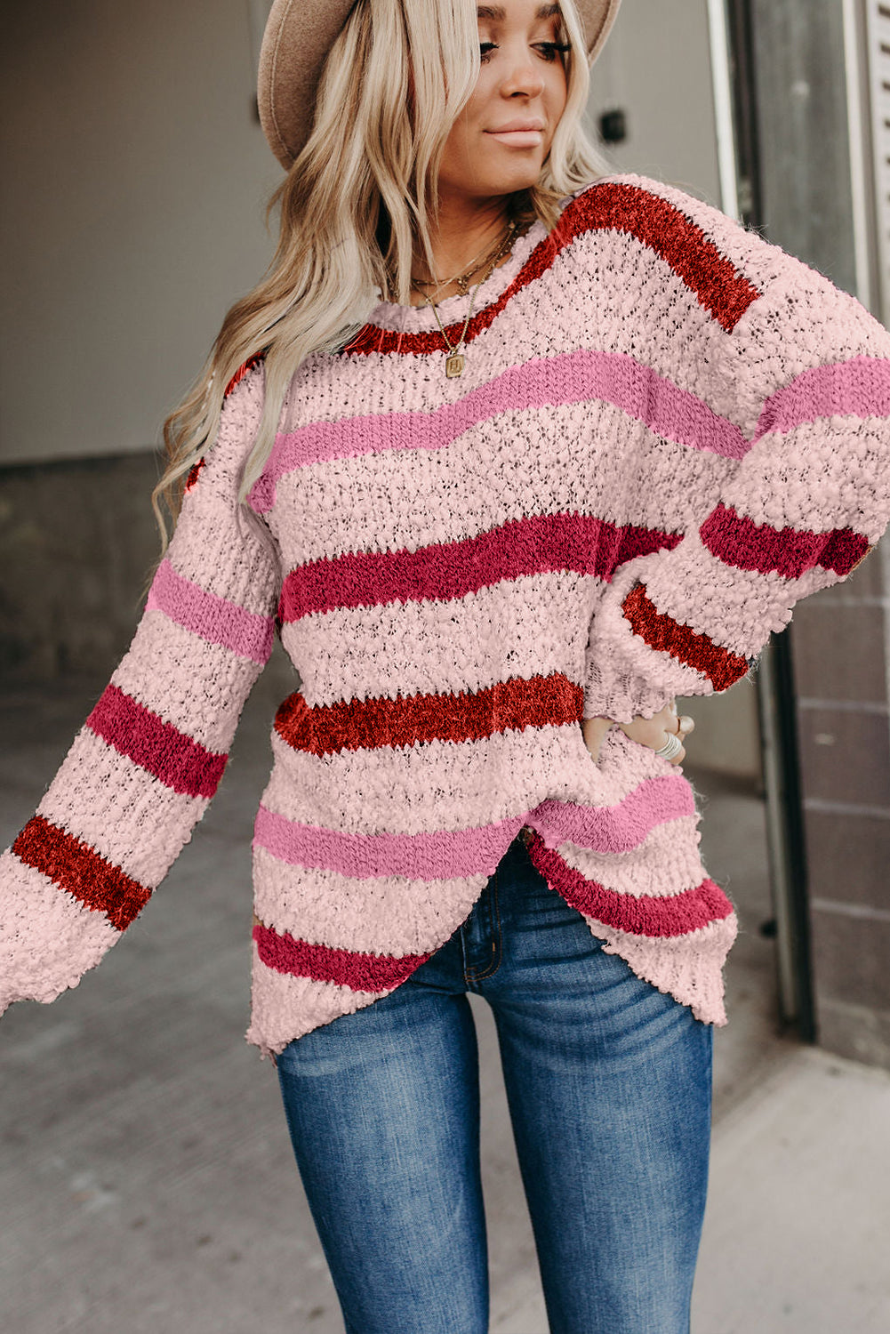 Cora Striped Popcorn Knit Sweater-5