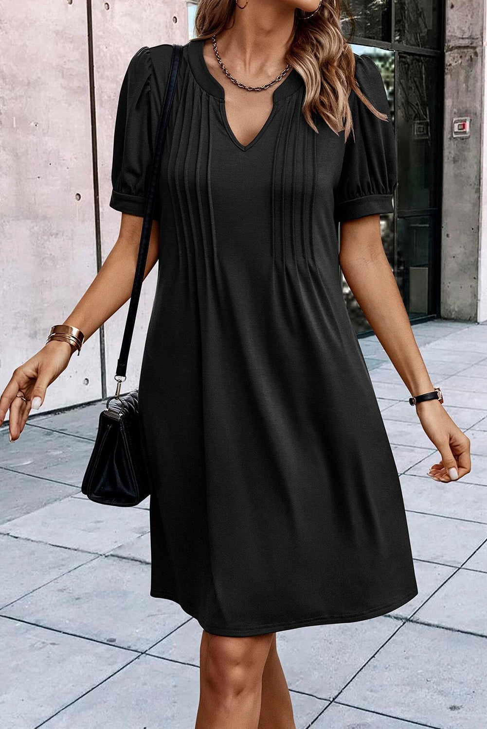 Kaitlyn Notched Neck Pleated Puff Sleeve Shift T-shirt Dress-2