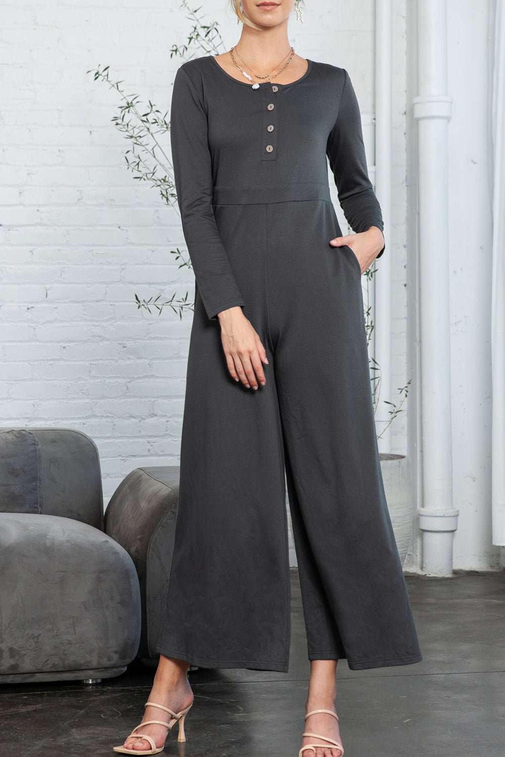 Trinity Button Long Sleeve Wide Leg Jumpsuit-0