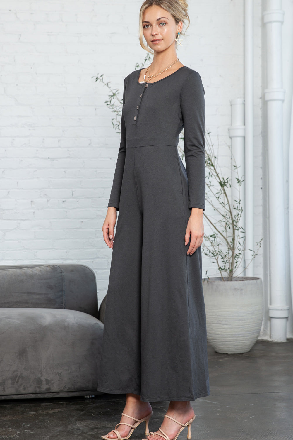 Trinity Button Long Sleeve Wide Leg Jumpsuit-2