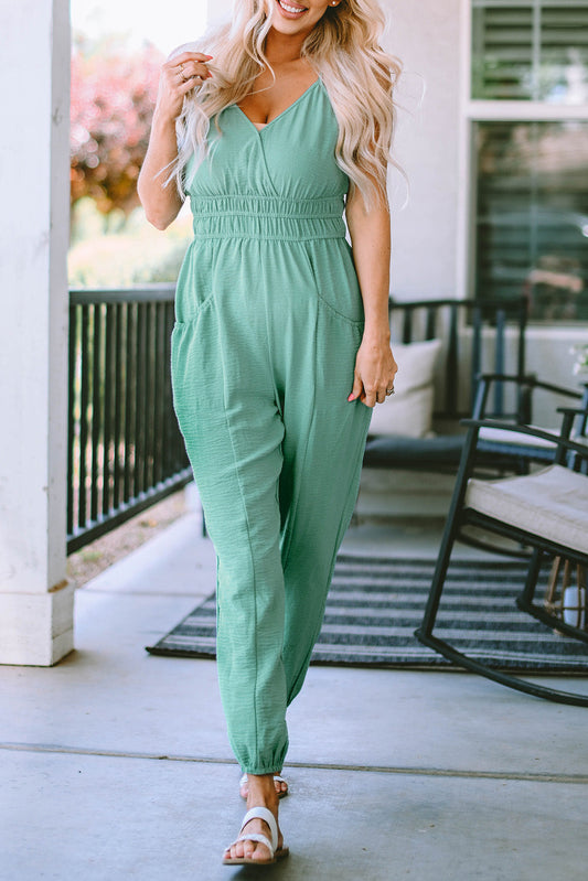 Analia Shirred High Waist Sleeveless V Neck Jumpsuit-0