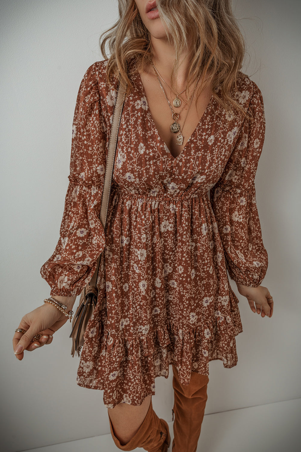 Ashley Boho Floral Puff Sleeve Mini Dress-4