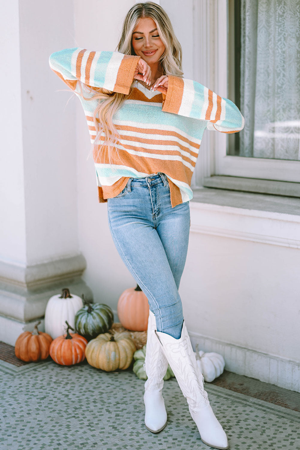 Amelia Stripe Long Sleeve Split Sweater-4