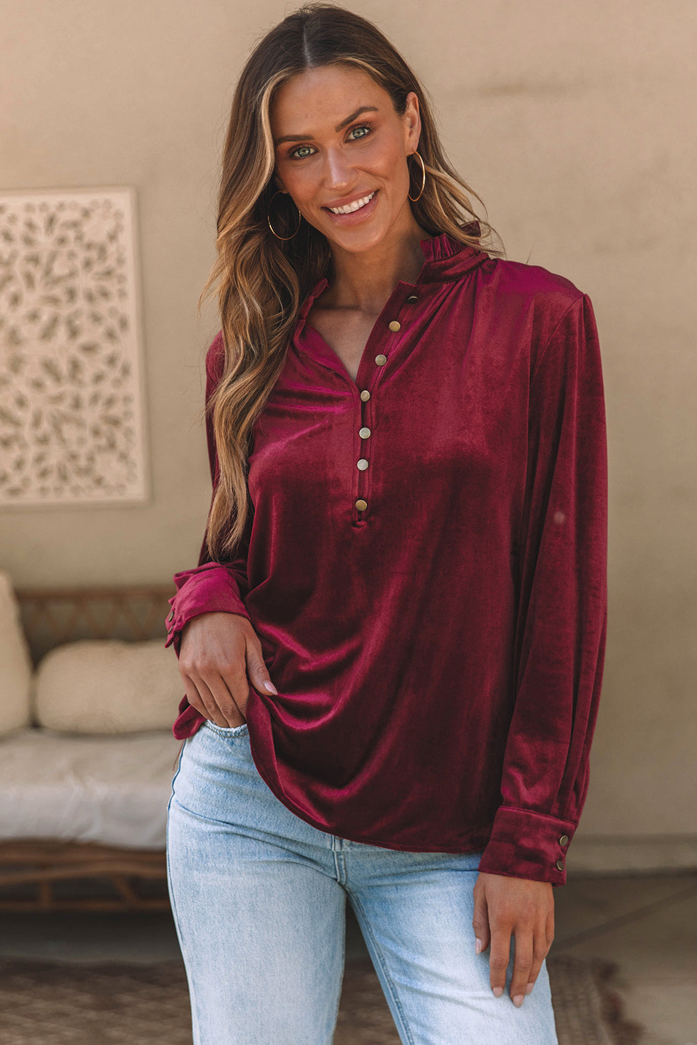 Gwynn Frilled Neck Buttoned Front Velvet Top-4