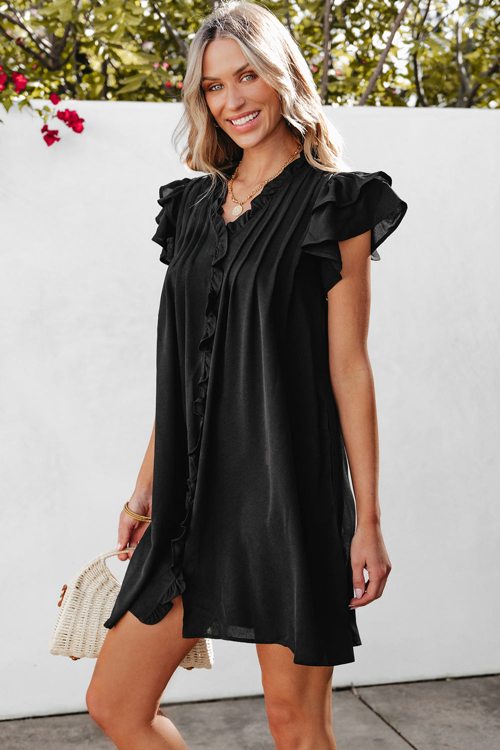 Pearl Ruffle Sleeve V Neck Frilled Shift Dress-2