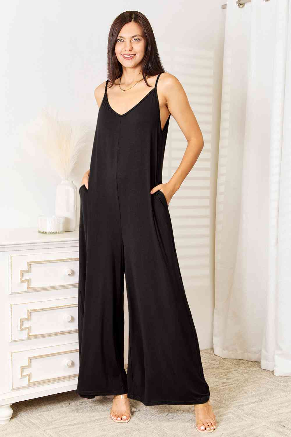 Double Take Full Size Soft Rayon Spaghetti Strap Tied Wide Leg Jumpsuit-2